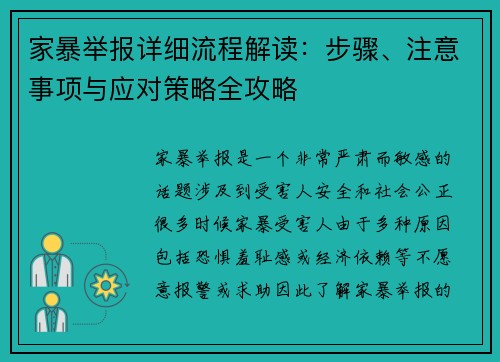 家暴举报详细流程解读：步骤、注意事项与应对策略全攻略